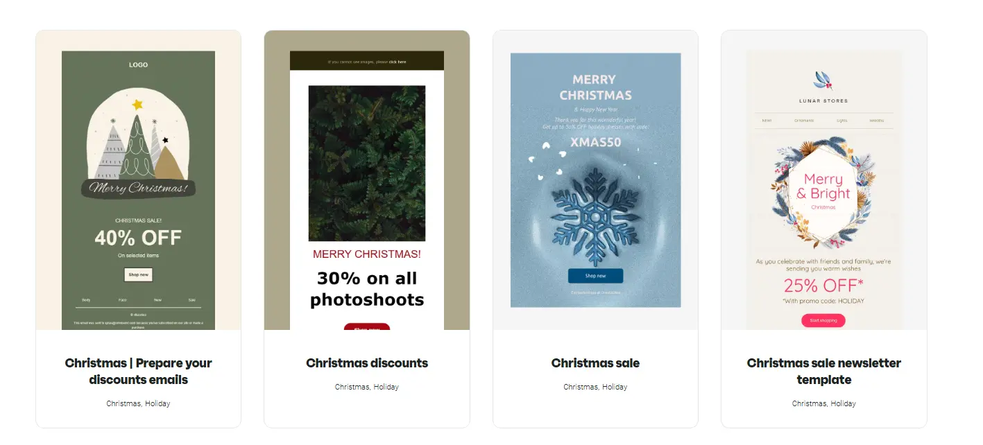 Four Christmas-themed promotional email templates offering discounts and festive greetings in various designs and colors.