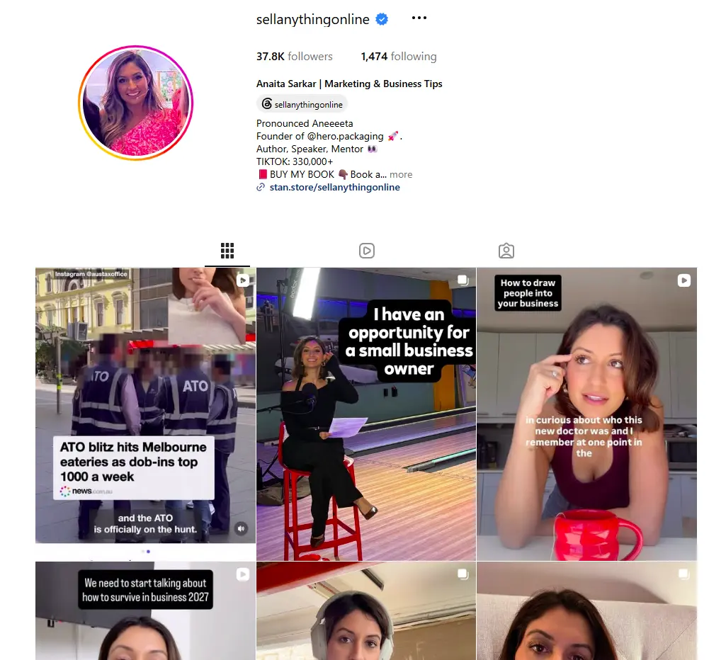 Instagram profile page for Anaita Sarkar, featuring a bio and a grid of video thumbnails.
