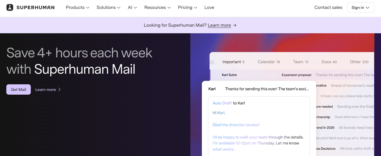 Superhuman Mail marketing hero section featuring the tagline Save 4+ hours each week with Superhuman Mail.