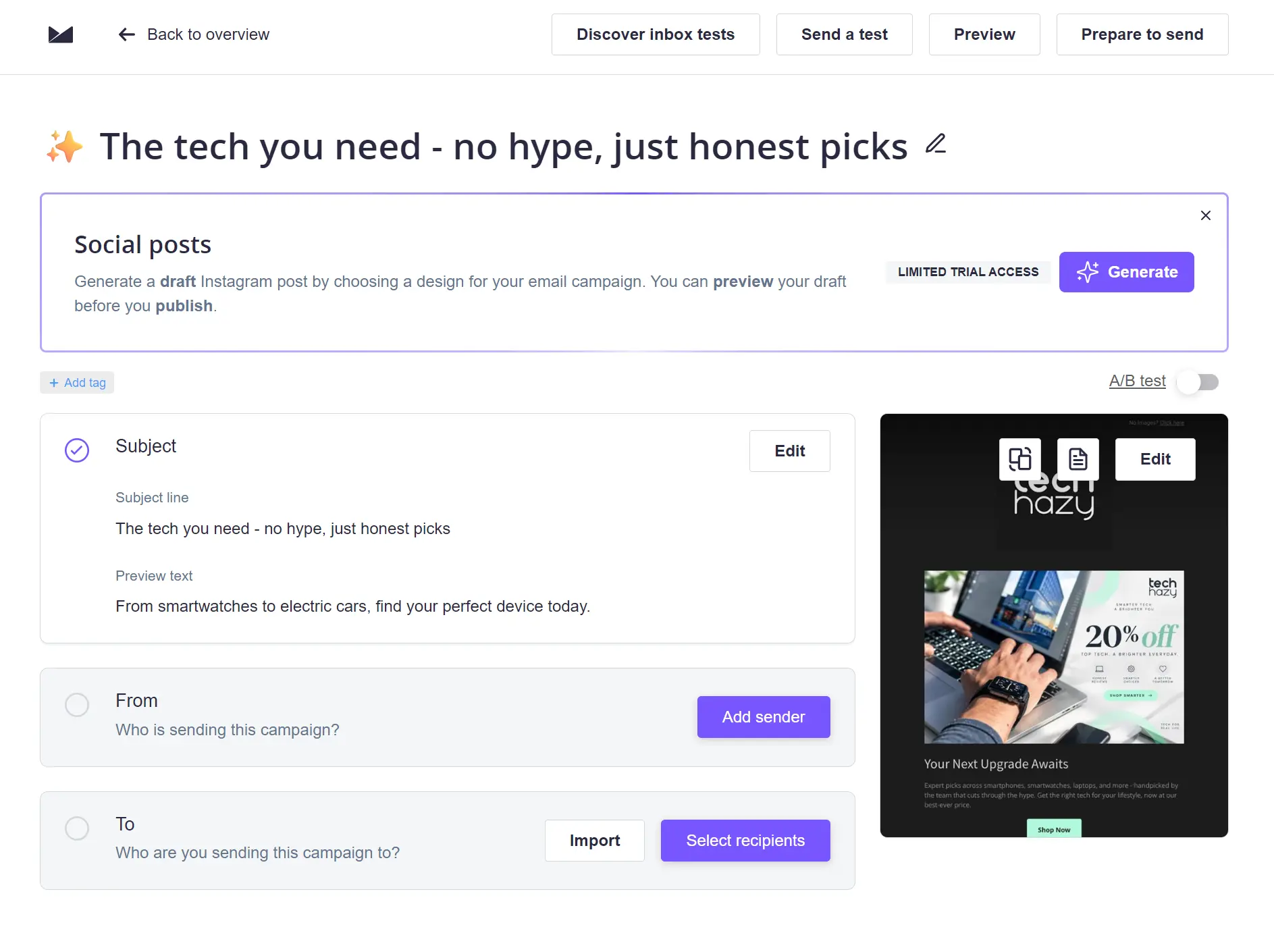 Email campaign builder interface showing subject line and recipient settings next to a preview of a tech-focused email.