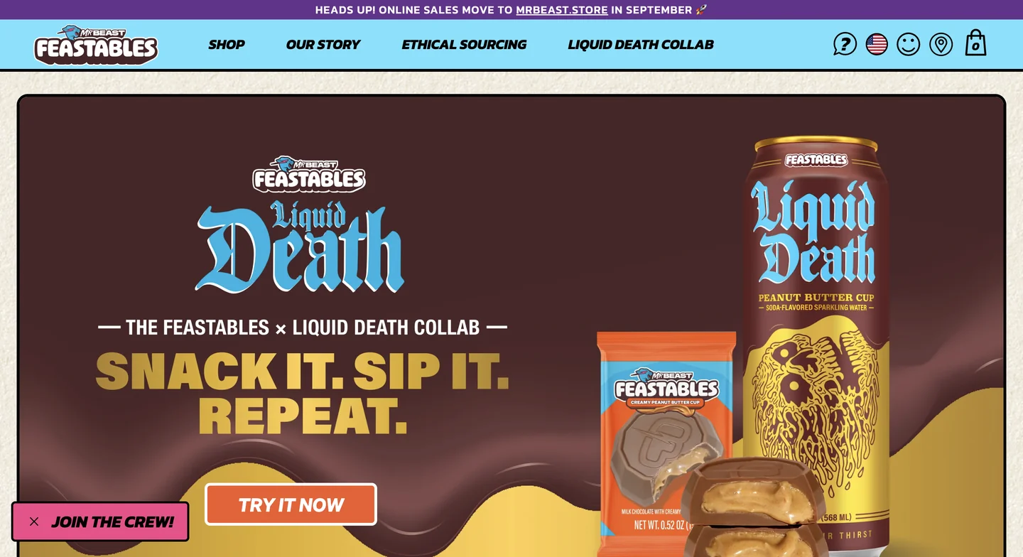 Feastables’ website showcasing its chocolate and snack products with colorful, bold branding.