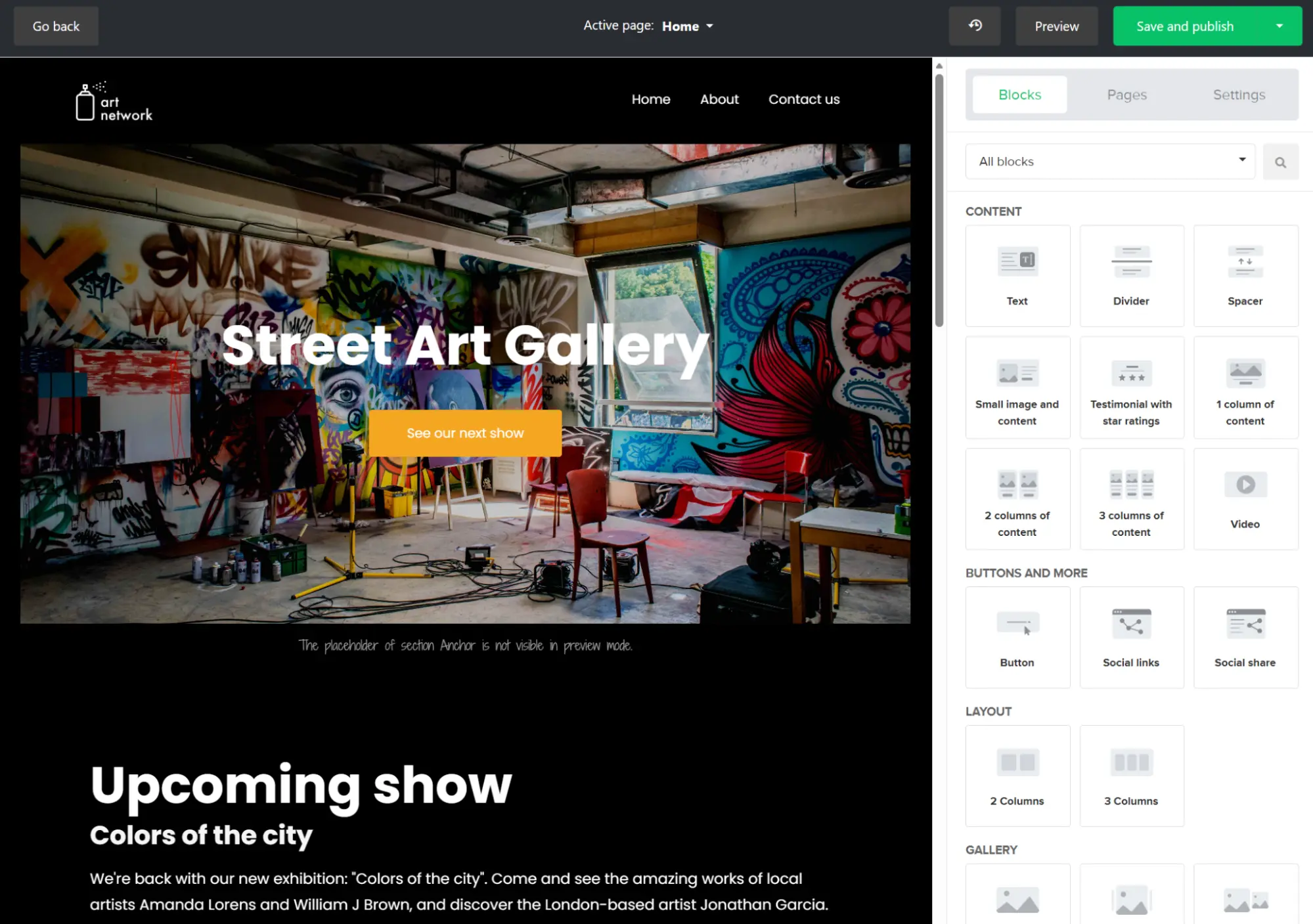Website builder interface showing an Art Network gallery homepage design with an editing sidebar.