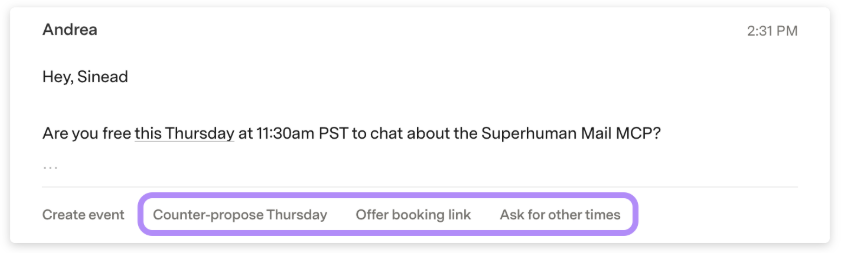 An email from Andrea to Sinead proposing a meeting with buttons to counter-propose, offer a booking link, or ask for times.