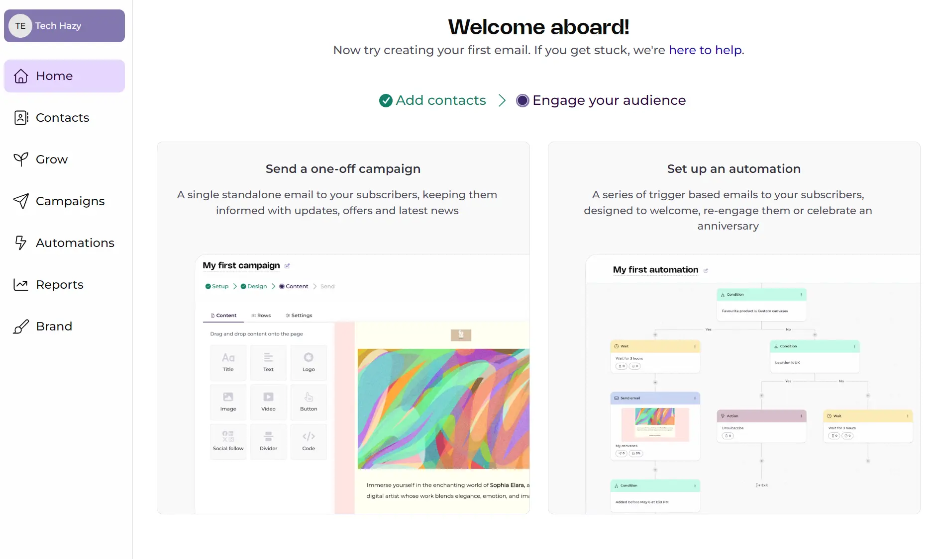 Email Octopus dashboard showing options to create a one-off campaign or an automated email workflow.