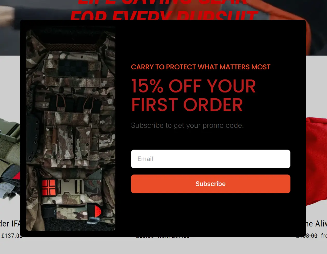 Pop-up ad offering 15% off first order with email signup, featuring a tactical vest.