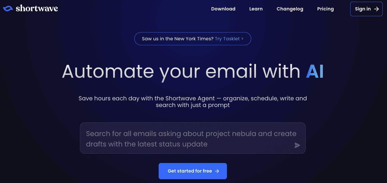 Shortwave website landing page promoting AI email automation.