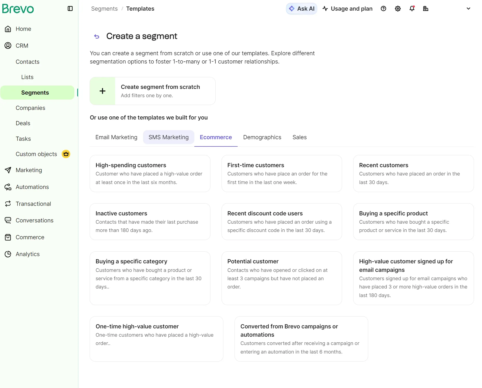 Brevo dashboard showing segmentation templates for ecommerce, including options for high-spending and first-time customers.