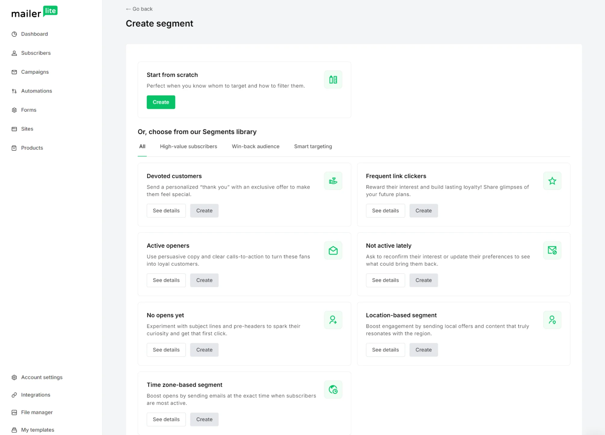 MailerLite dashboard showing options to create a subscriber segment from scratch or from a library of preset segments.
