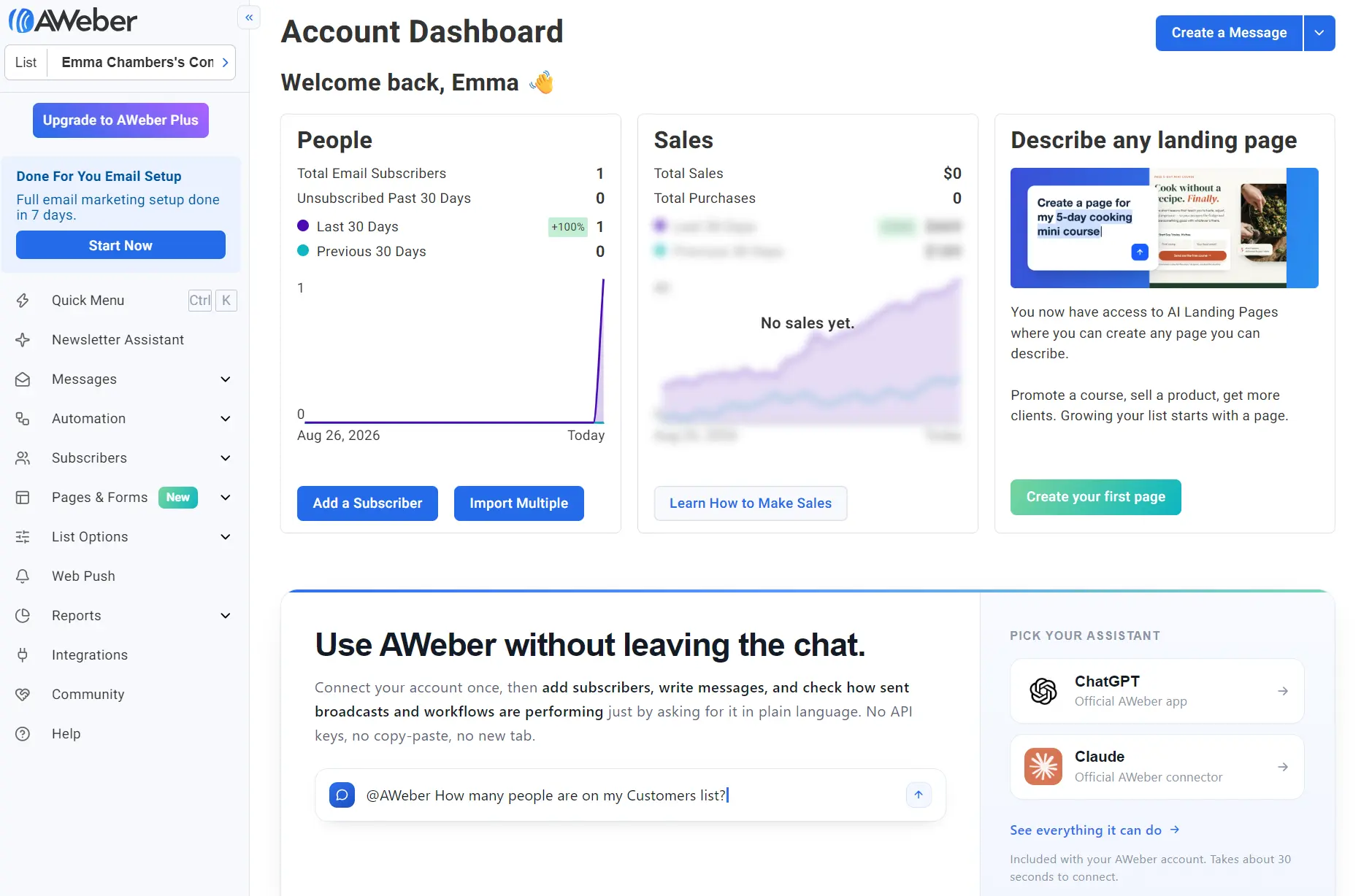 AWeber account dashboard showing subscriber stats, landing page tools, and an AI chat interface.