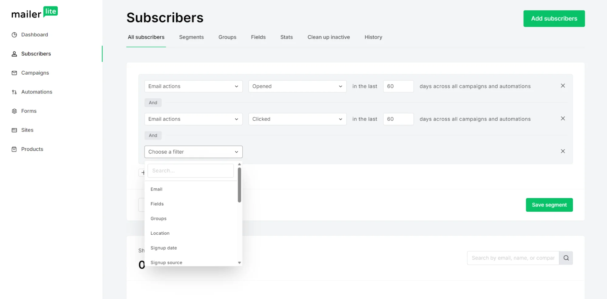 MailerLite subscribers page showing a segment filter builder with an open dropdown menu of filter options.