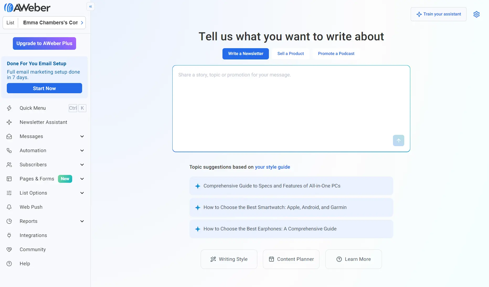 AWeber dashboard showing a text entry field for drafting email content with suggested topic ideas below.