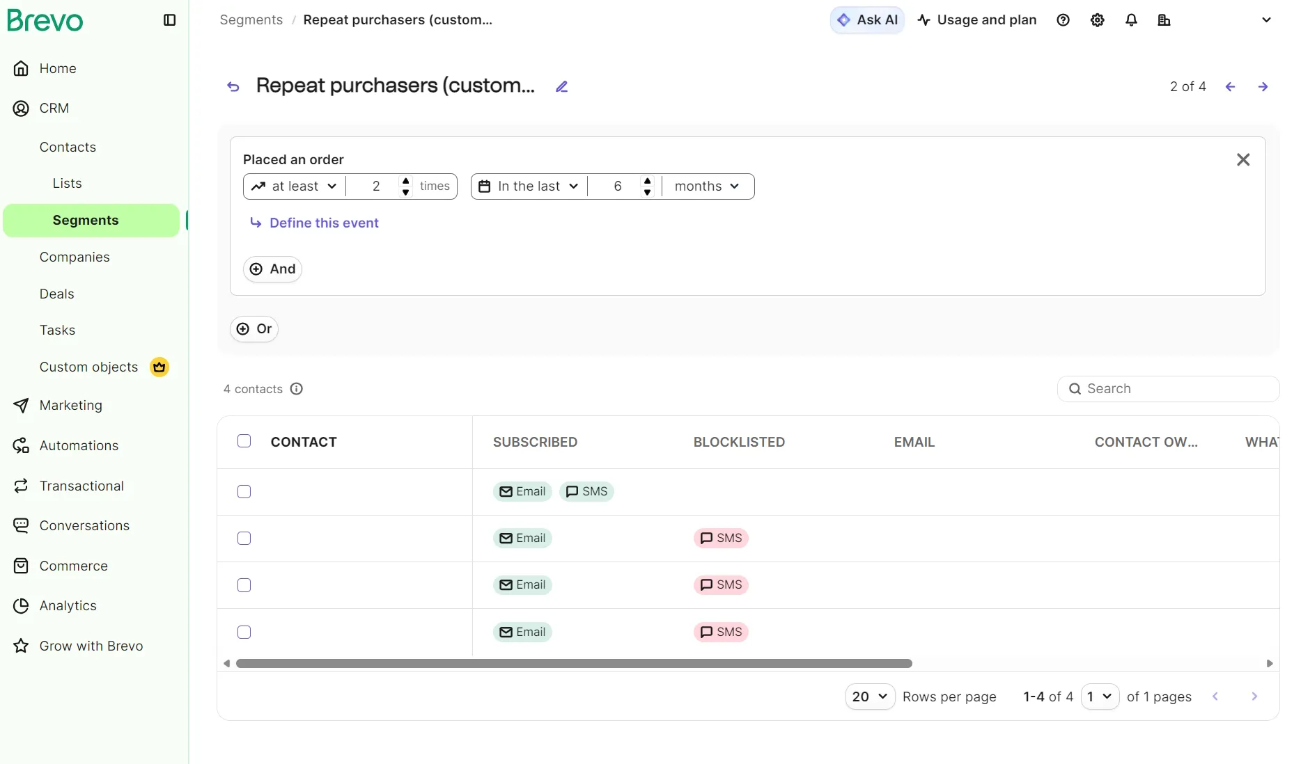 Brevo segments dashboard showing a repeat purchaser filter applied to a contact list.