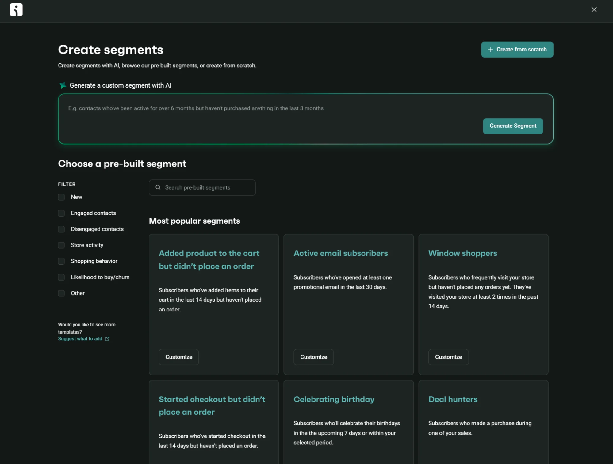 Omnisend interface for creating marketing segments, featuring options to build with AI or select from pre-built templates.