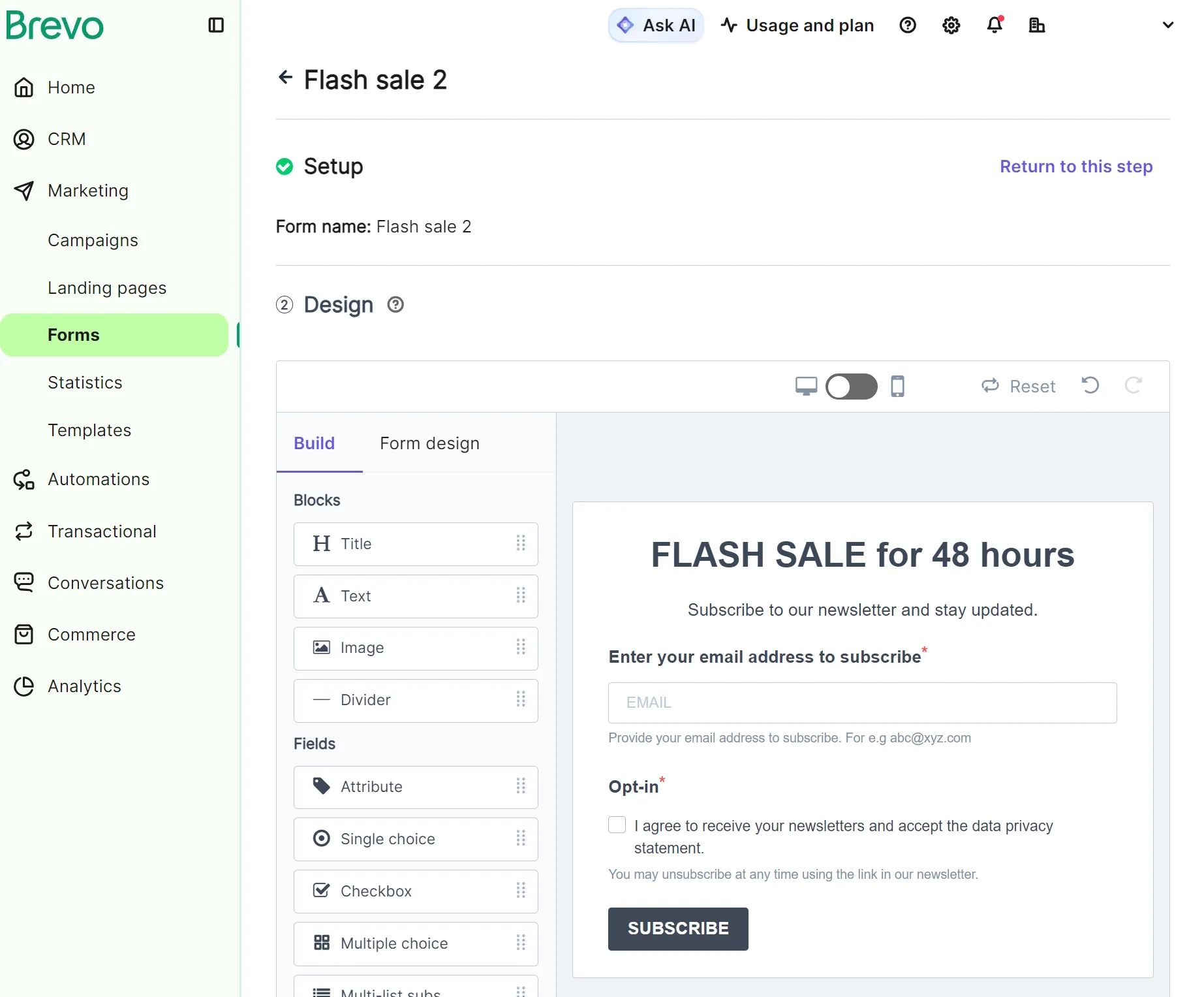 Brevo form builder interface displaying a Flash sale 2 email signup form template.