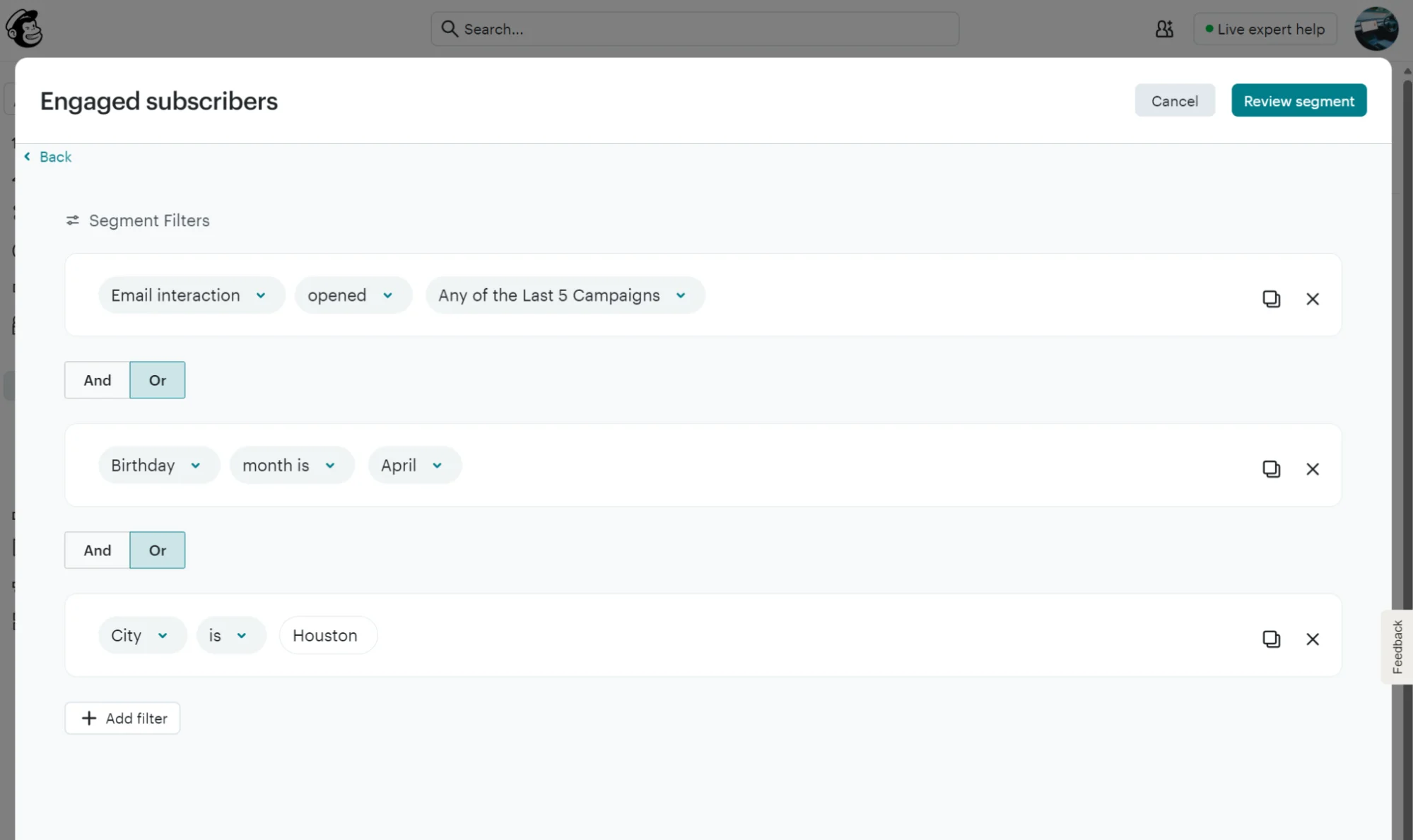 Email marketing dashboard showing segment filters for email interaction, birthday month, and city.