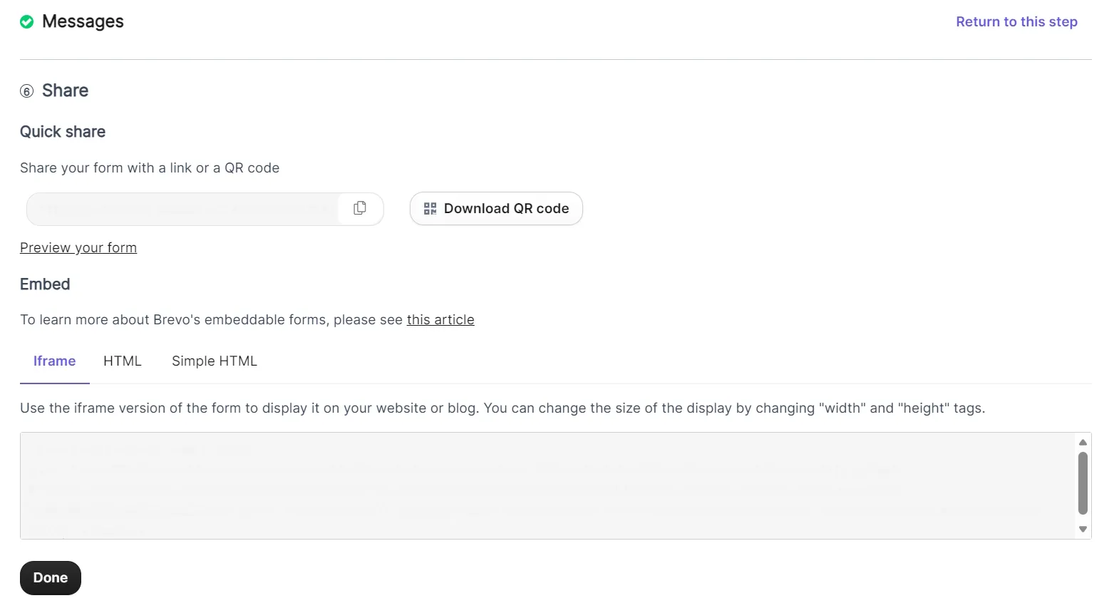 Brevo form sharing and embed settings screen with options for a link, QR code, and iframe code.