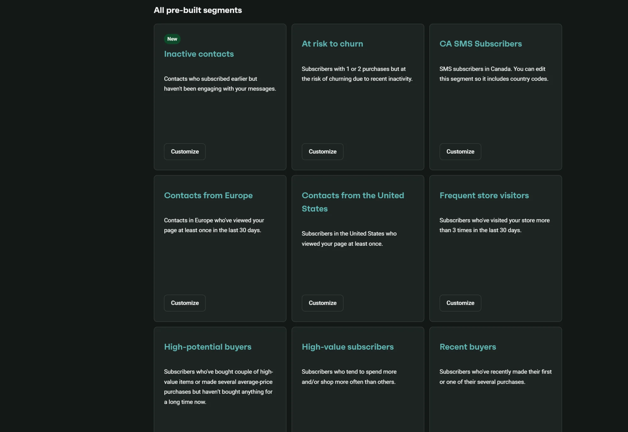 A dashboard displaying cards for various user segments, each with a description and a Customize button.