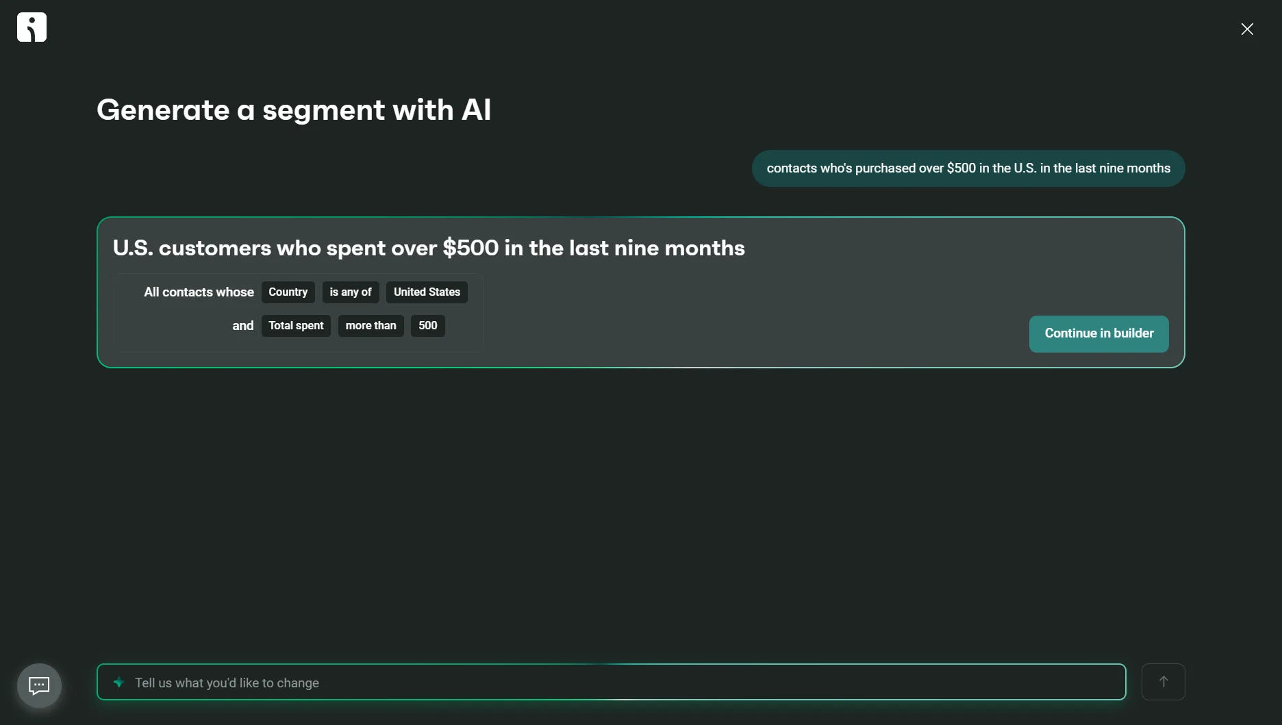 AI segment generation interface showing a query builder for U.S. customers who spent over $500 in the last nine months.