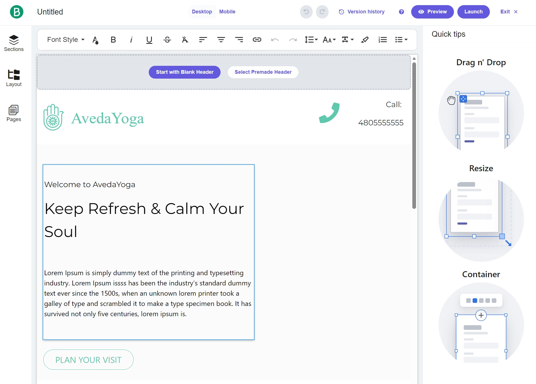 Landing page builder interface showing a landing page design with AvedaYoga branding and text editing tools.