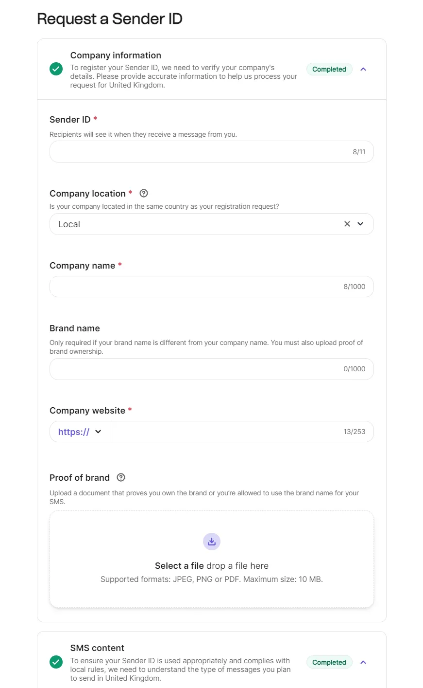 Request a Sender ID form with fields for company information, sender ID, location, brand name, website, and file upload.