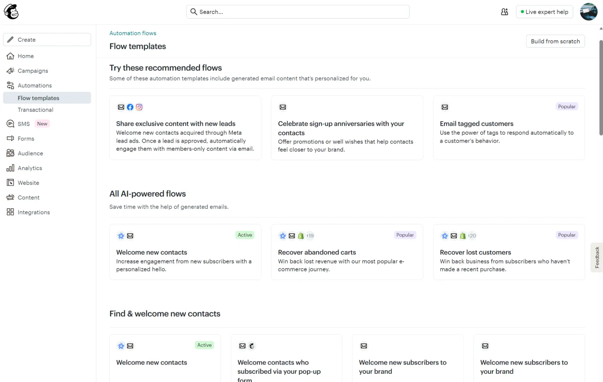 A dashboard screen showing available email automation flow templates categorized by recommended and AI-powered flows.