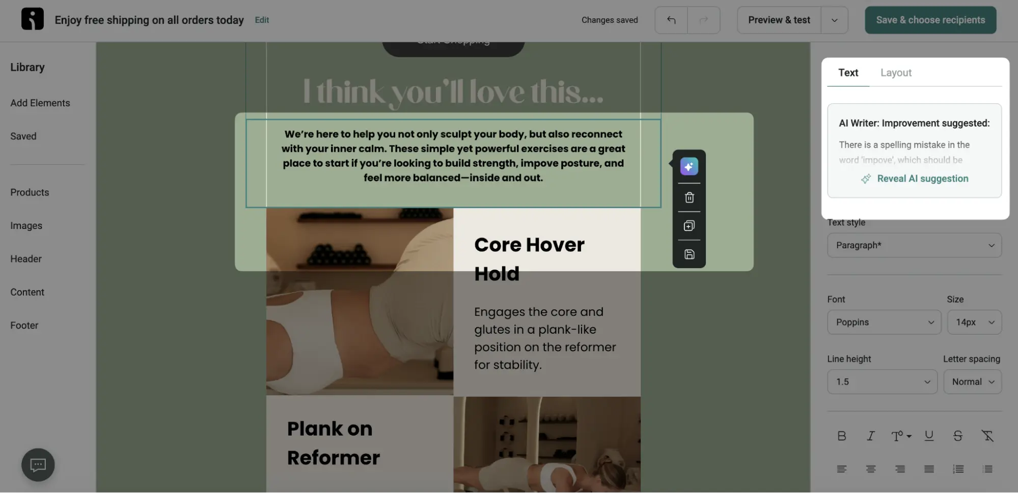 Email editor interface showing an AI writing suggestion for a text block about core exercises.
