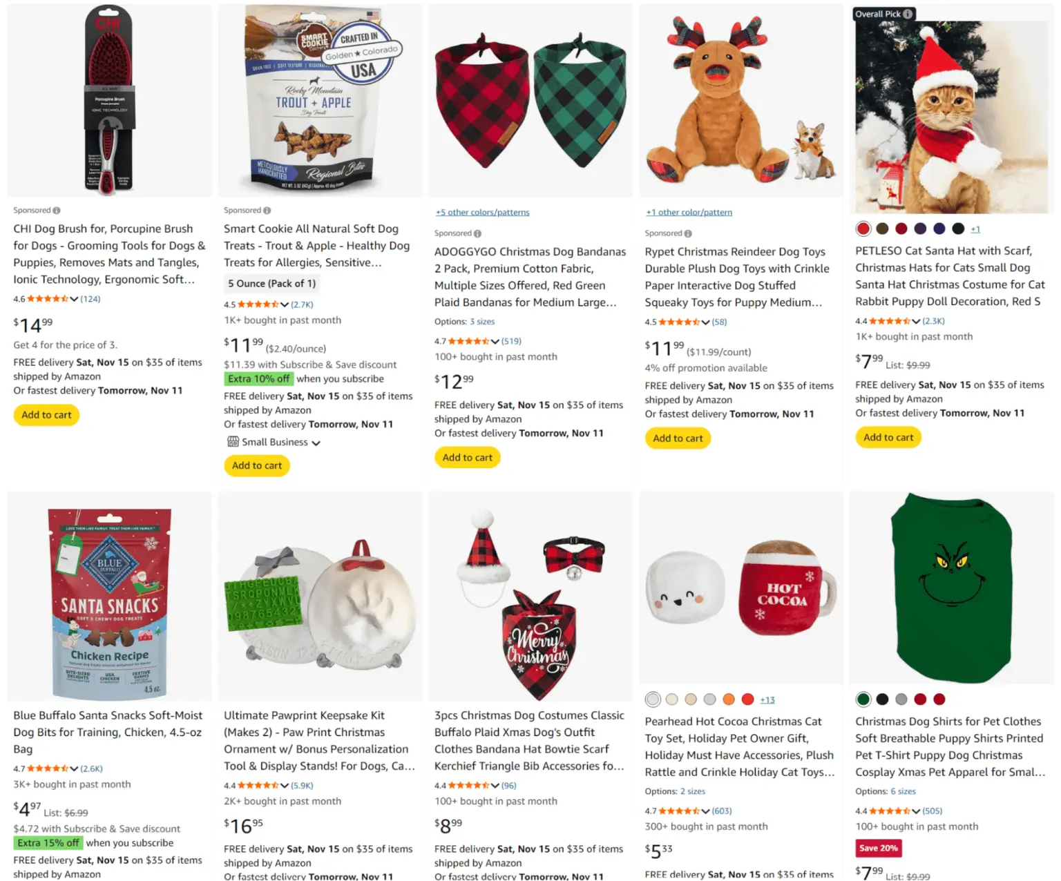 A screenshot of Amazon product listings for various Christmas-themed pet supplies, treats, and costumes.