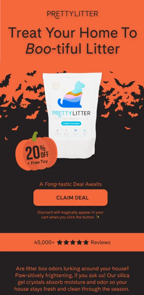 PrettyLitter Halloween promotional ad with a 20% off discount and a claim deal button.
