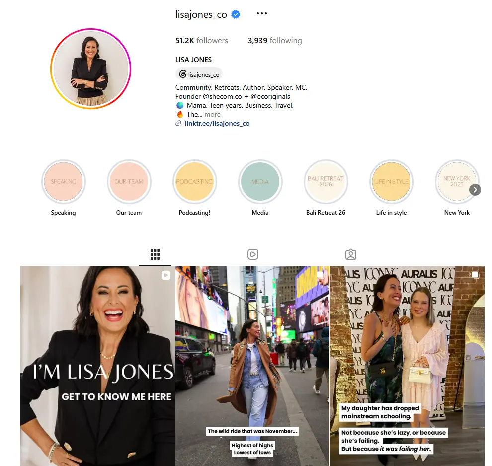 Instagram profile page for Lisa Jones featuring her bio, story highlights, and a grid of video posts.