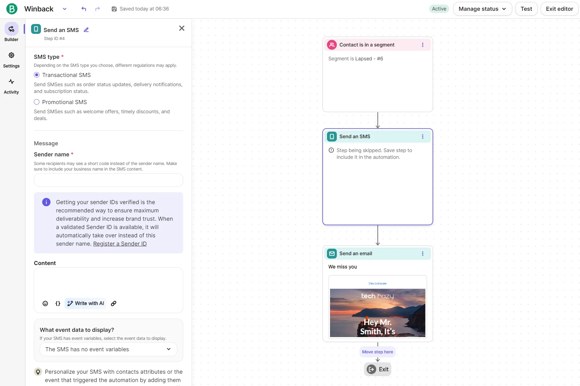 Workflow builder interface showing an Send an SMS step configuration alongside a flowchart of automation steps.