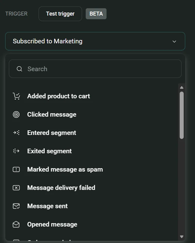 A dropdown menu listing trigger events including Added product to cart, Clicked message, and Entered segment.