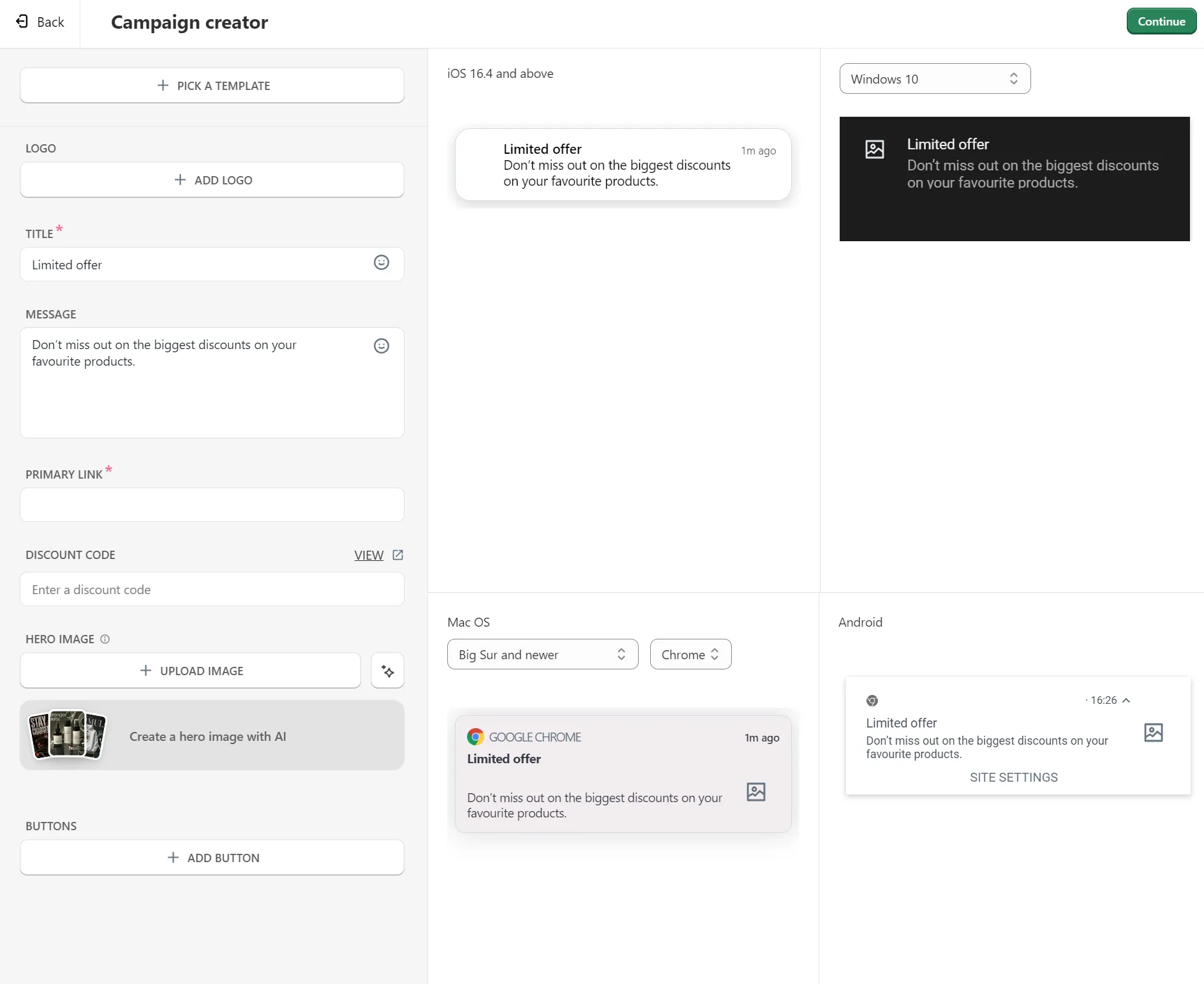 A campaign creator interface showing desktop and mobile notification previews for a limited offer.