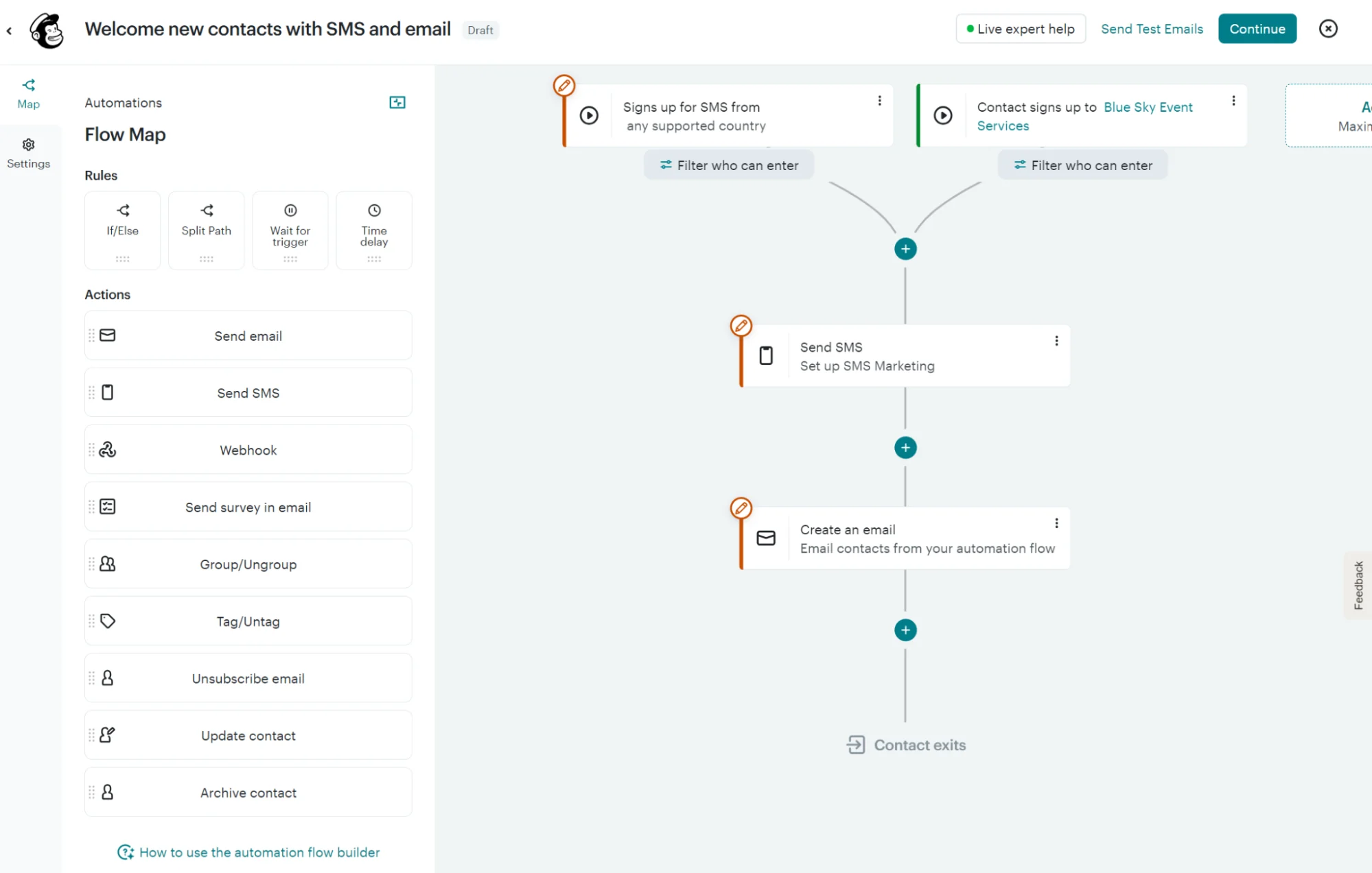 Automation flow builder interface showing a trigger for new contacts and subsequent email and SMS actions.