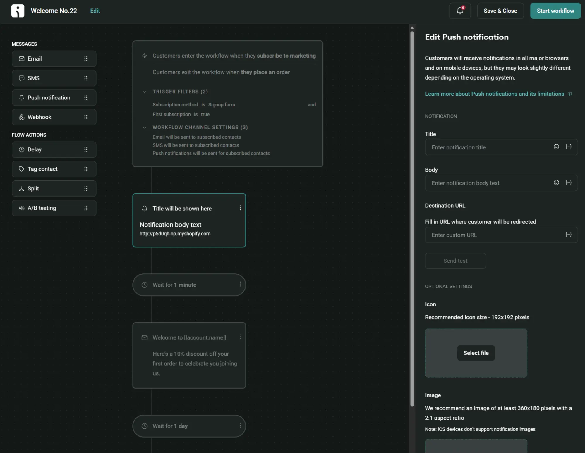 Marketing workflow editor screen showing a push notification setup panel with fields for title, body, and destination URL.
