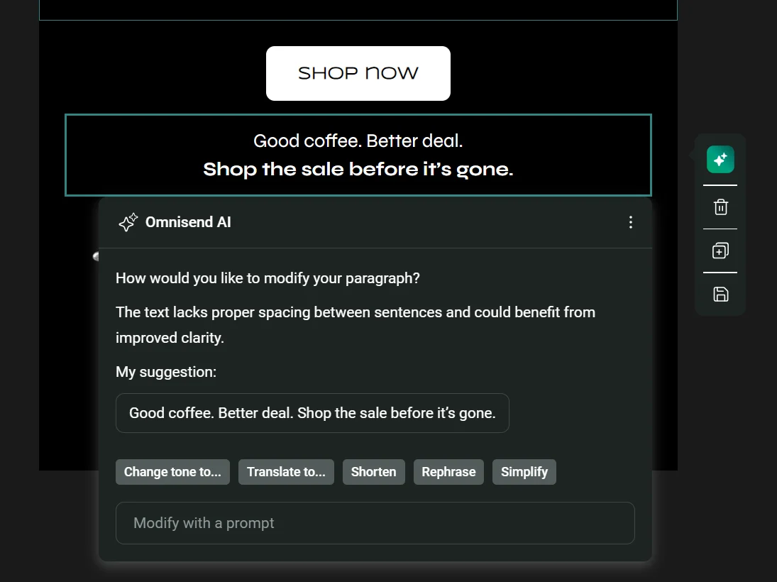 Omnisend AI interface showing suggested text edits for a marketing banner.