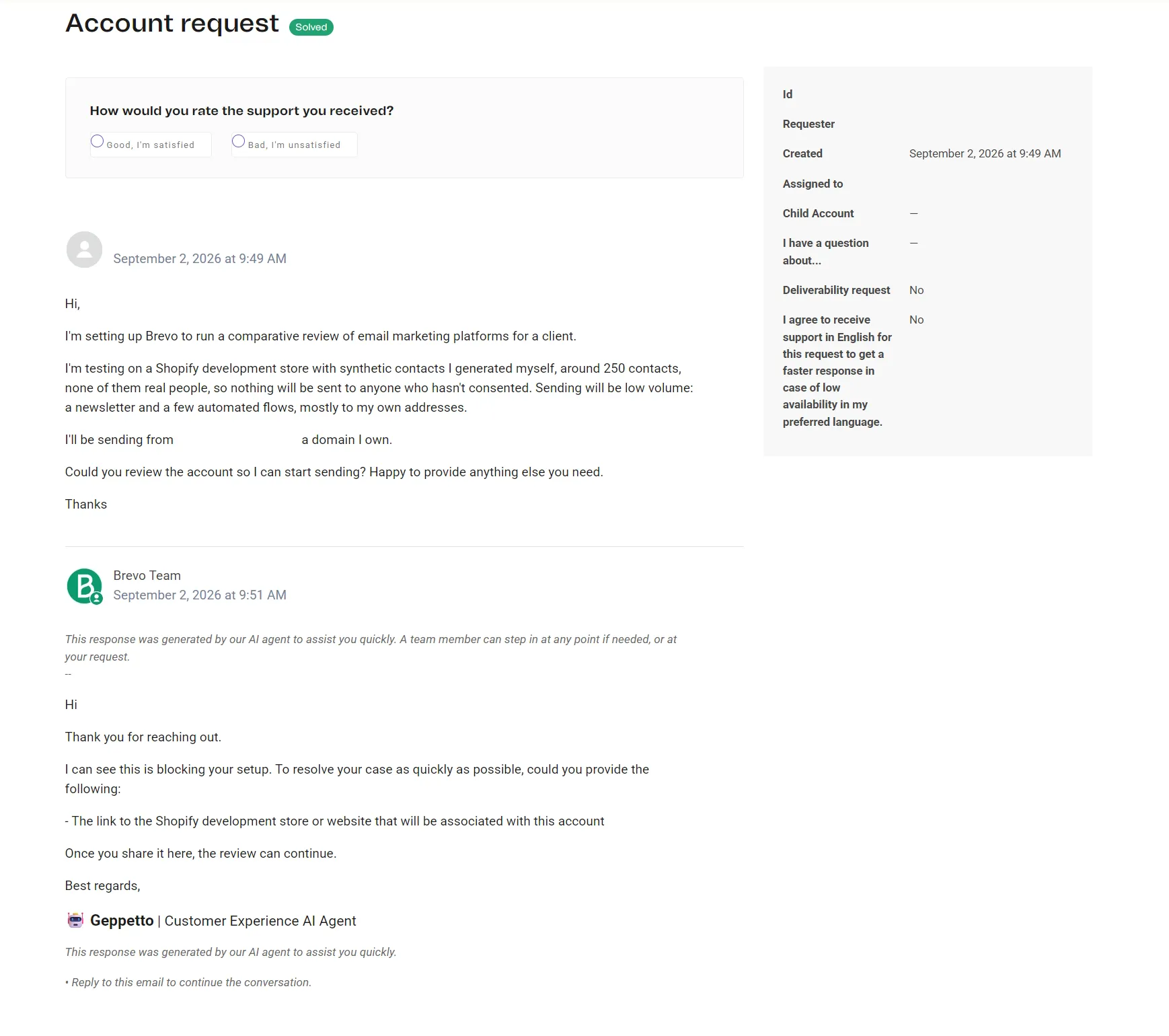 A support ticket thread between a user and Brevos AI agent regarding an account review request.