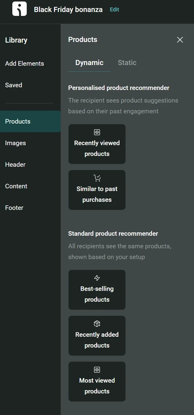 Omnisend interface showing a product recommendation menu with dynamic and static categories.