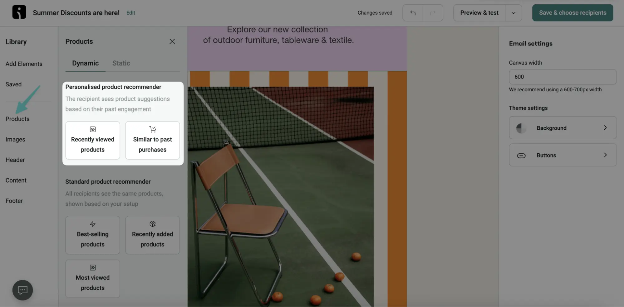 Email editor interface showing a product recommender settings menu with options for recently viewed and similar products.