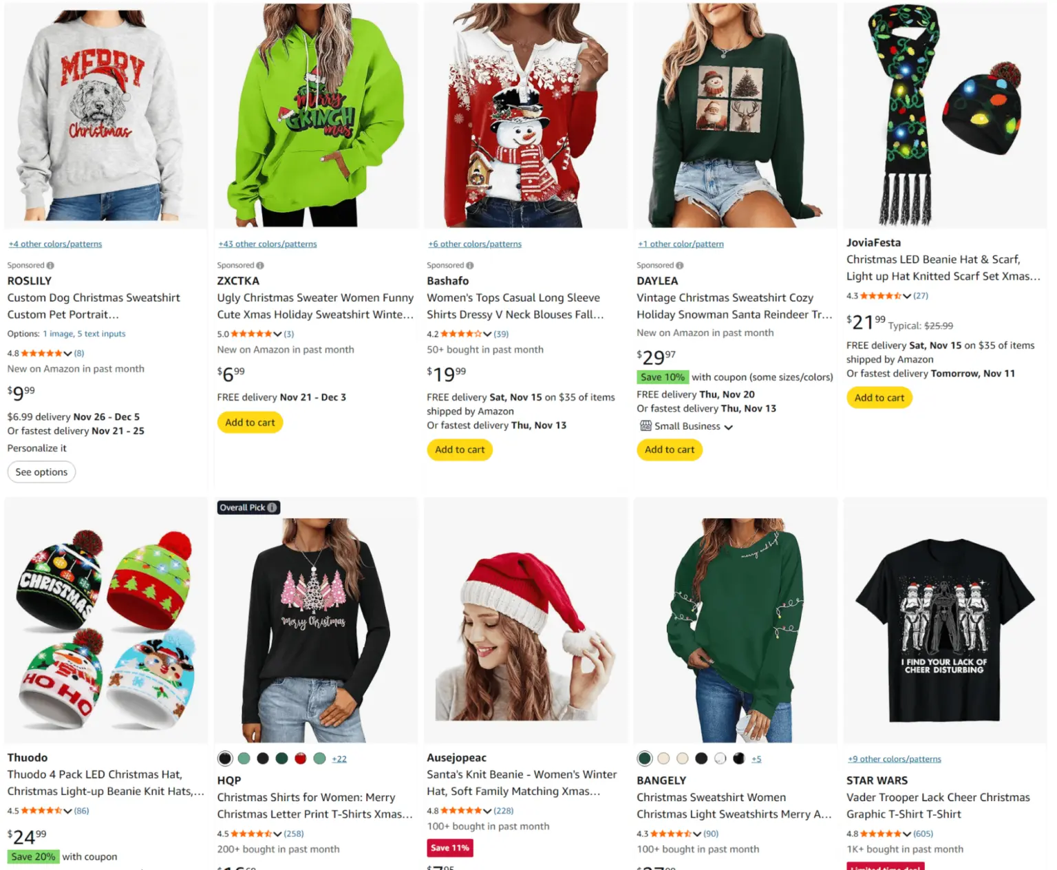 A grid of Amazon search results displaying various Christmas-themed apparel, including sweatshirts, hats, and scarves.