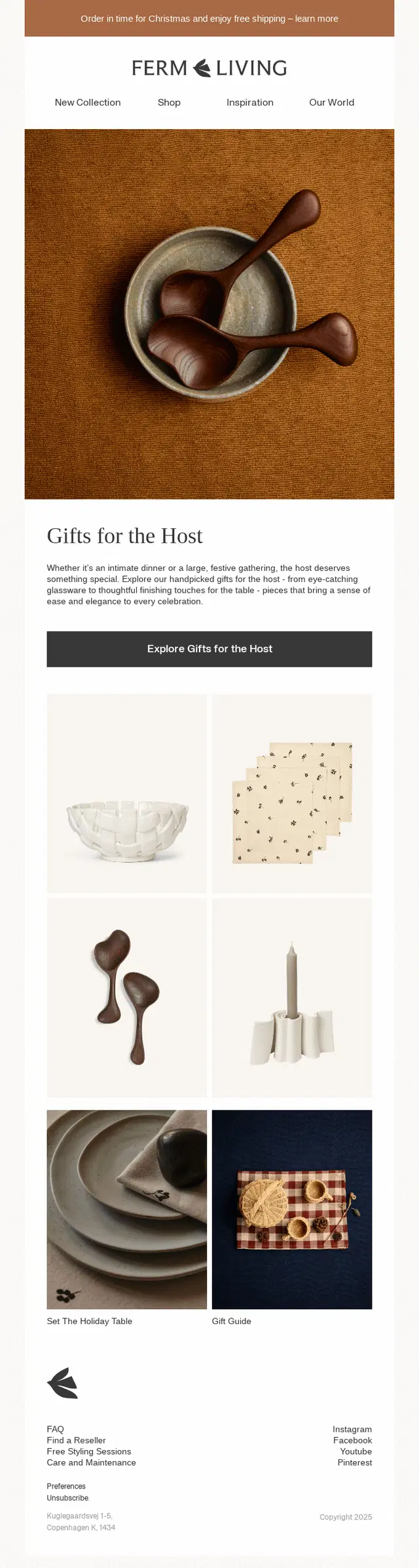 Ferm Living email newsletter for gifts for the host, featuring kitchenware and table decor.