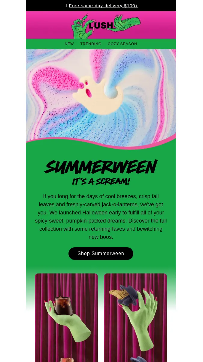 Lush Summerween marketing email featuring a swirling bath bomb, themed copy, and photos of green hands holding products.