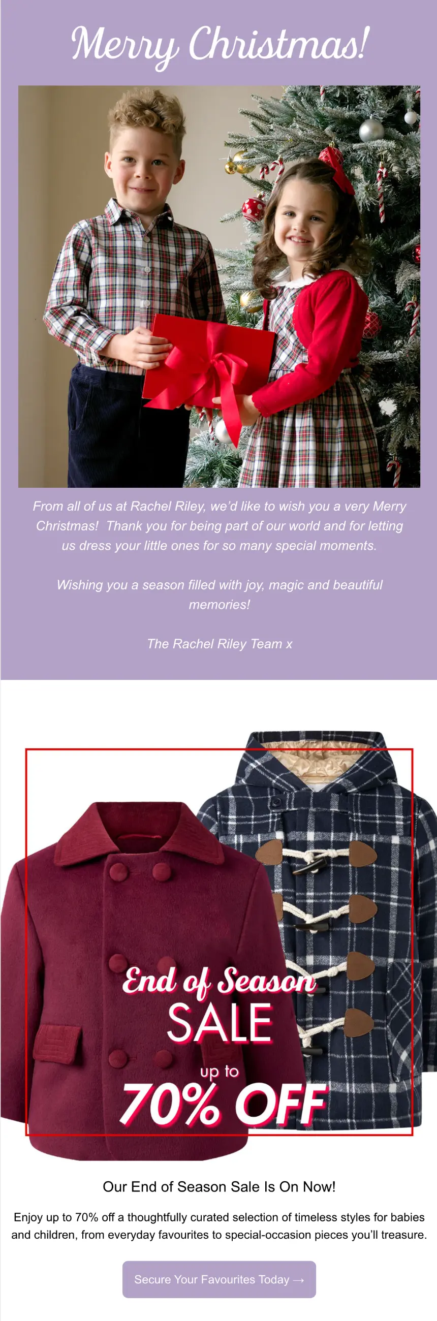 Two children in festive outfits stand by a Christmas tree above a coat sale advertisement offering up to 70% off.