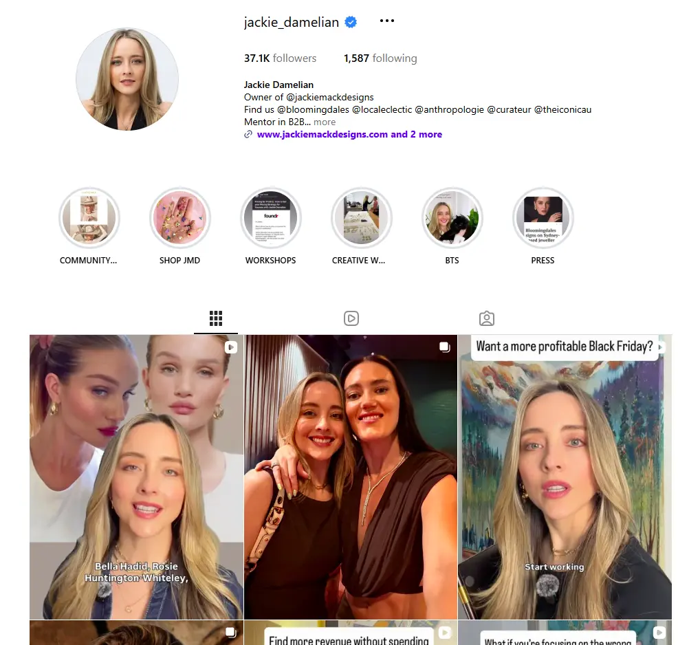 Instagram profile page for Jackie Damelian, showing her bio, highlights, and a grid of video thumbnails.