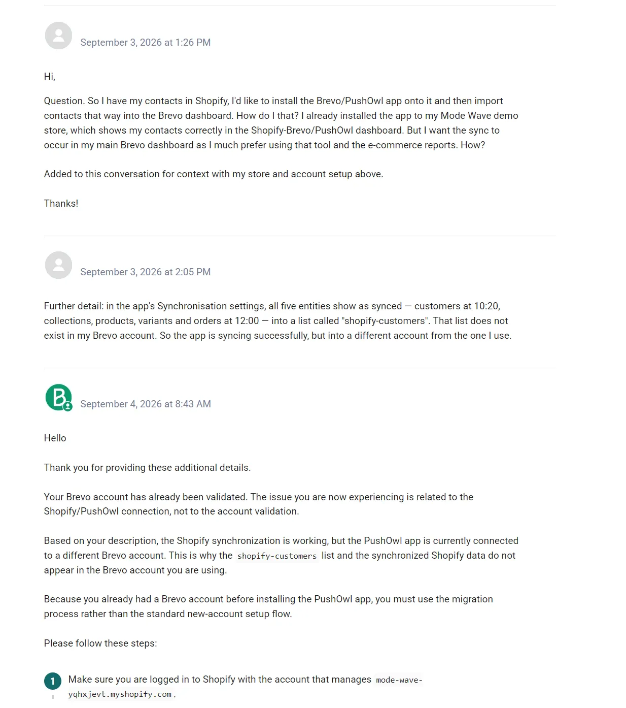 A support ticket thread between a user and Brevo technical support regarding Shopify contact synchronization.