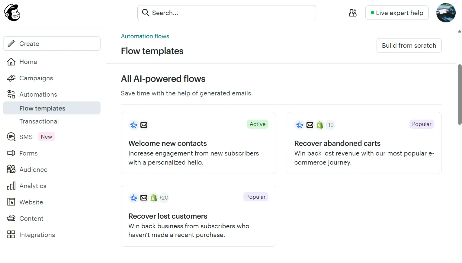 Mailchimp dashboard showing AI-powered flow templates for welcome emails, abandoned carts, and lost customers.
