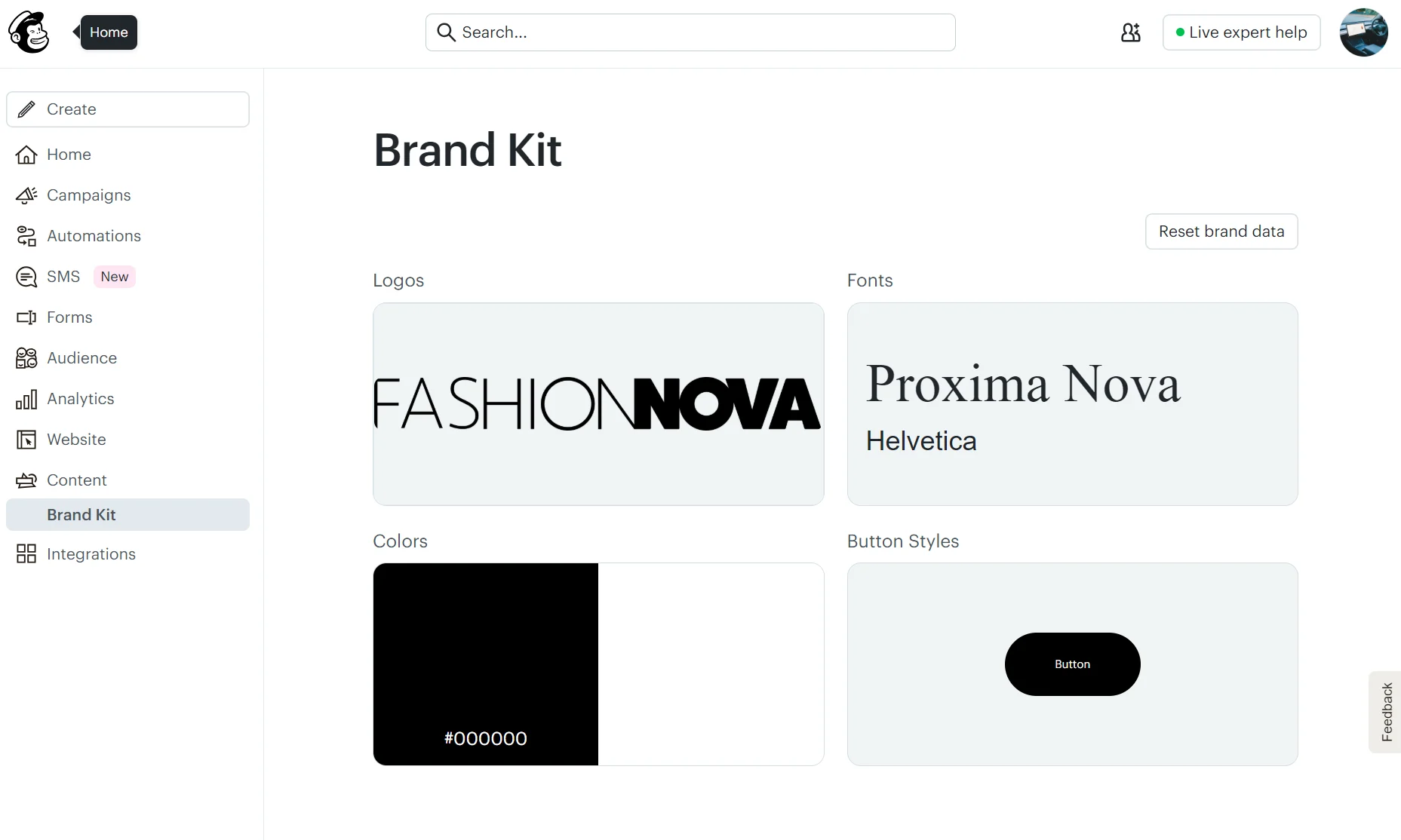 Brand kit dashboard for Fashion Nova featuring logo, fonts, black color hex code, and button style preview.