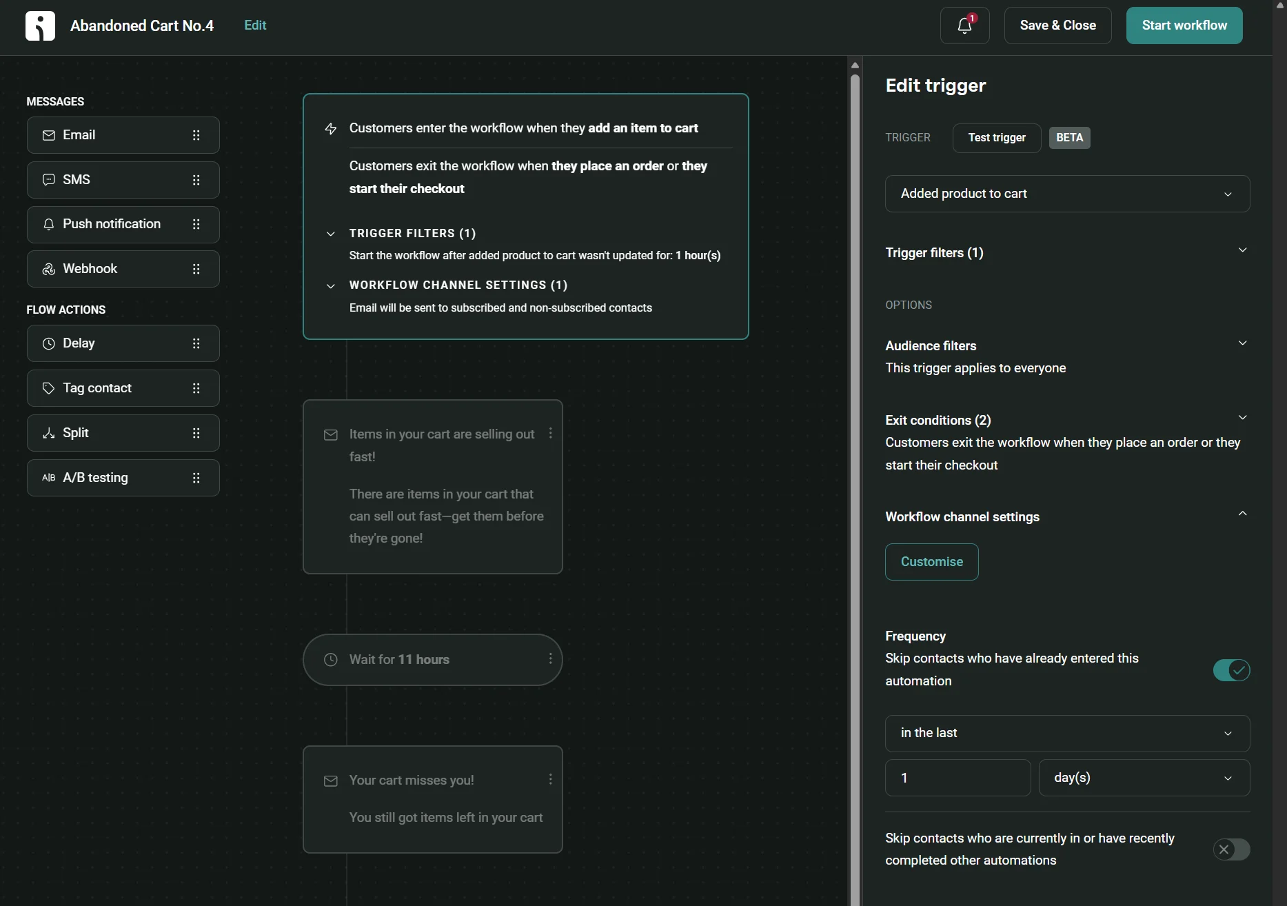 Workflow builder showing an abandoned cart automation with trigger settings, flow actions, and channel customization panels.