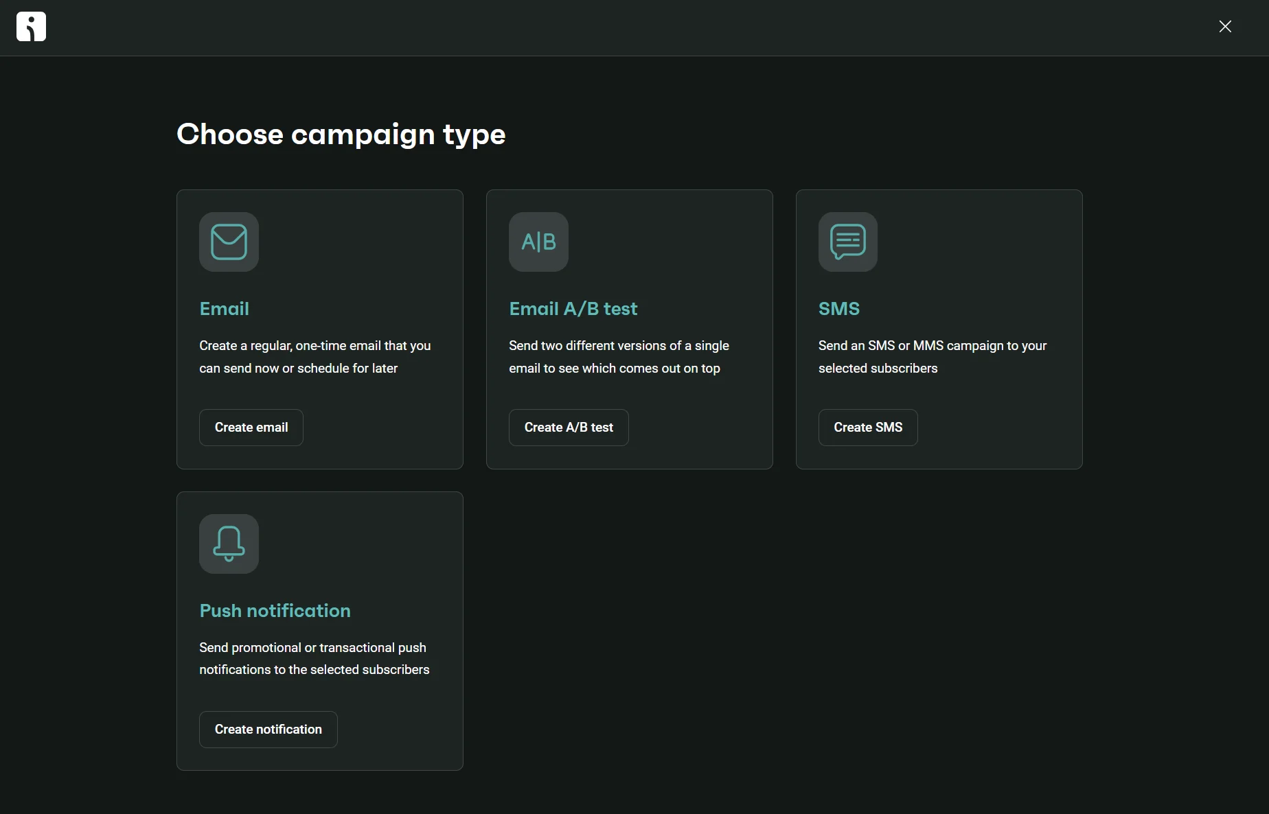 Campaign selection screen offering options for Email, Email A/B test, SMS, and Push notification.