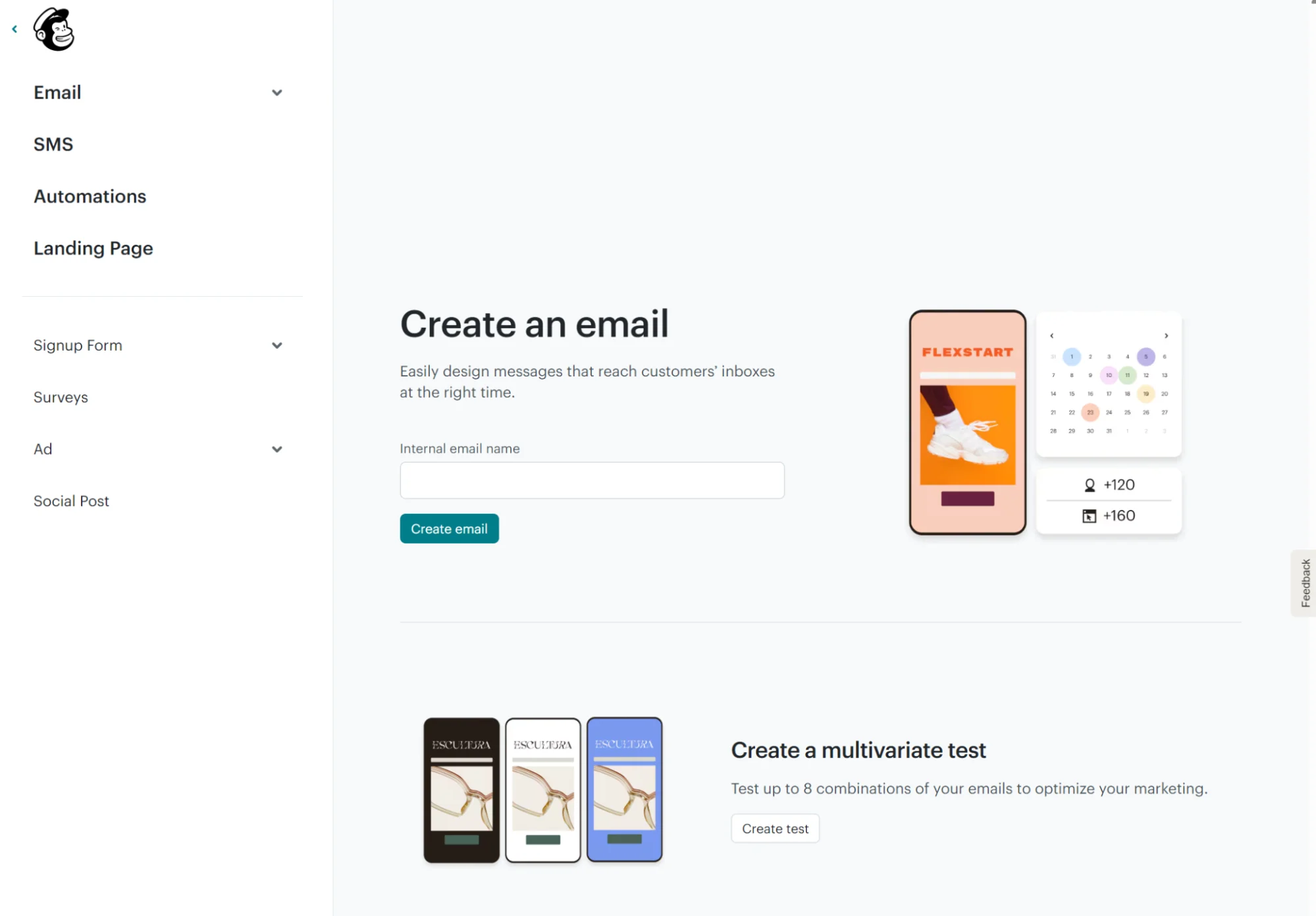 Dashboard for creating emails and multivariate tests, featuring form fields and previews of email templates.