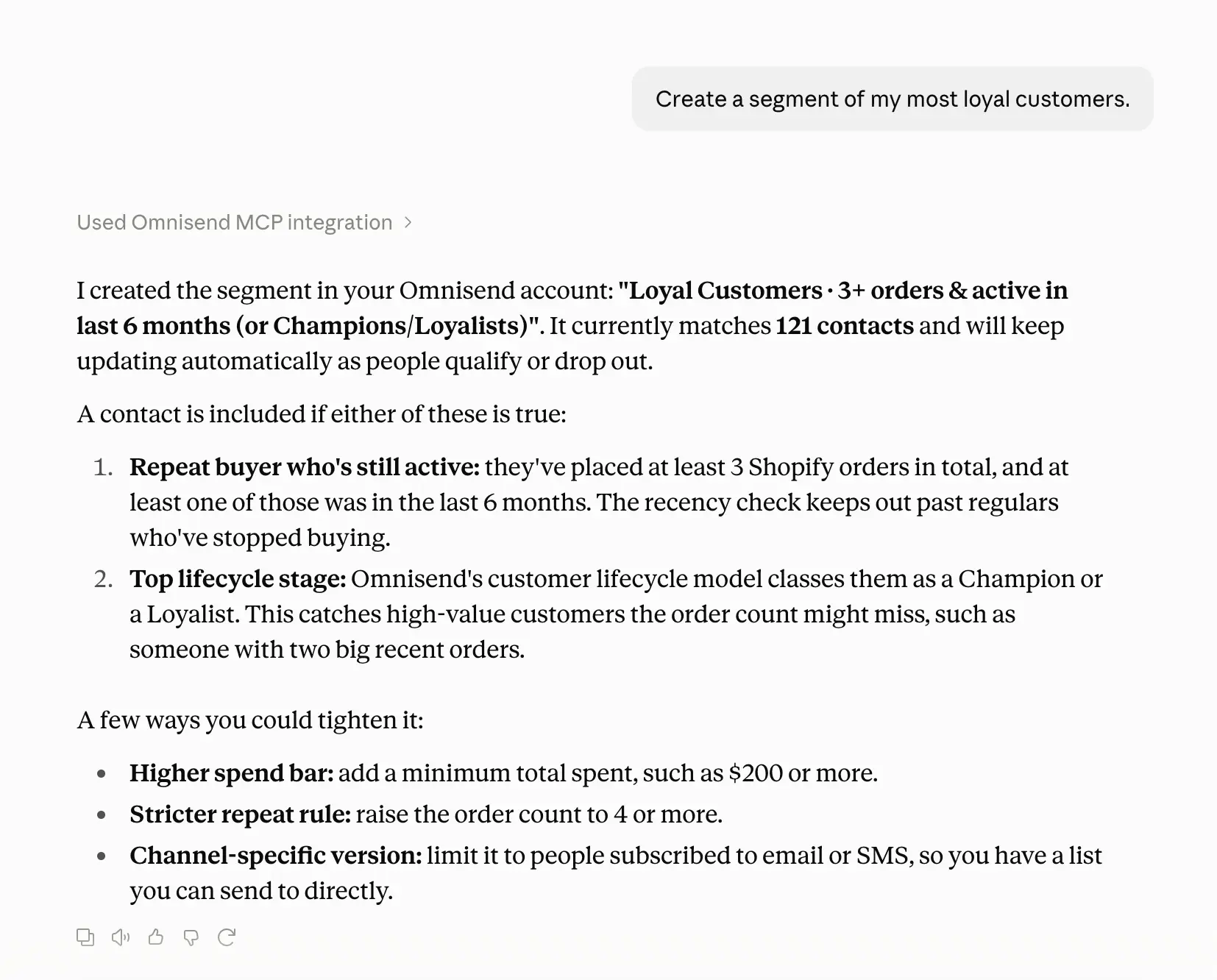 Omnisend AI assistant showing the configuration details and criteria for a Loyal Customers segment.